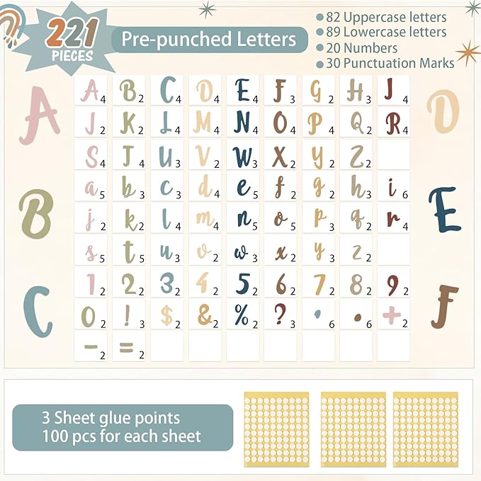 221 Pcs Boho Bulletin Board Letters, Italic Alphabet Number Punctuation Symbol Combo Letter Cutouts, Boho Classroom Decor for School Classroom Chalkboard Poster Bulletin Board Wall