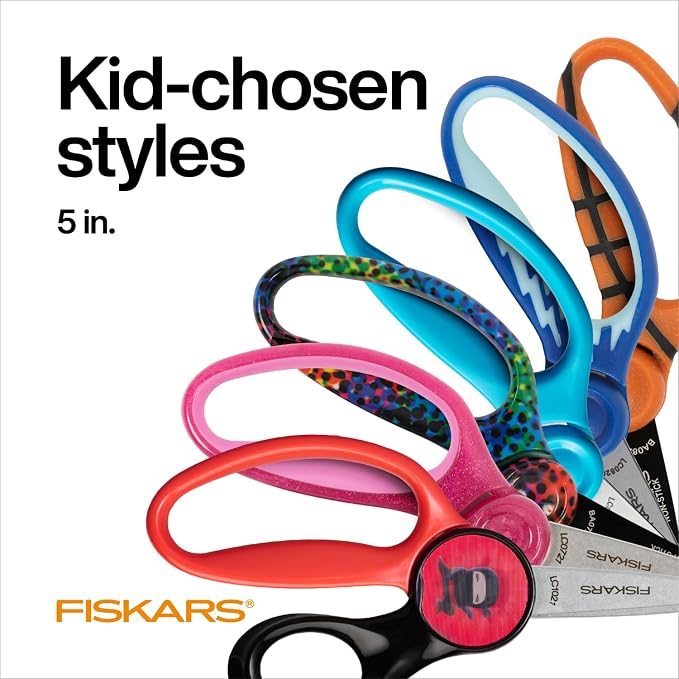 Fiskars 5" SoftGrip Blunt-Tip Scissors for Kids Ages 4-7 (3-Pack), Scissors for School or Crafting, Back to School Supplies, Blue, Purple, and Pink Designs