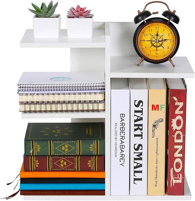 PAG Wood Desktop Shelf Small Bookshelf Desk Supplies Organizers and Accessories Storage Display Rack Office Decor for Women, White