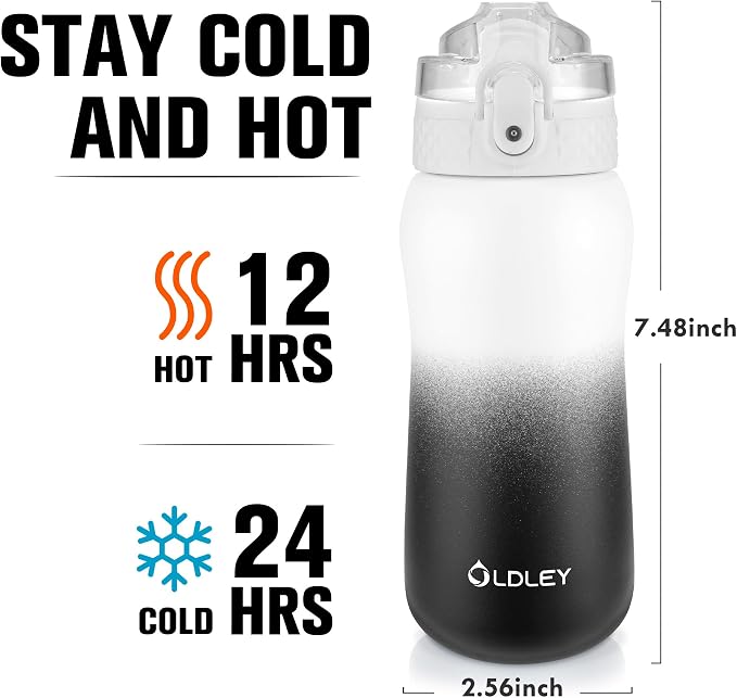 OLDLEY Insulated Water Bottle 12oz Water Bottles with Straw, Stainless Steel Water Bottle with 2 Lids, Double Wall Vacuum Bottels for Adults School Kids, Leak-Proof Travel Sport Bottles, White Black