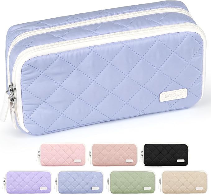 Sooez Large Pencil Case Pouch, Extra Big Pencil Bag with 8 Compartments, Pen Bag Wide Opening, Soft Quilted Pencil Pouch Organizer with Zipper, Portable Pencil Case for Teen Girls, Light Blue
