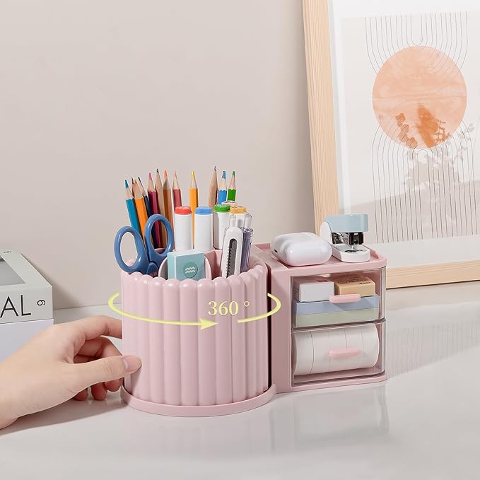 Anyoifax 360° Rotating Pen Holder 7 Slots Desk Organizer with Drawer Removable Pencil Cup Plastic Art Supplies and Accessories Desktop Storage Box Caddy for Office, School, Home (Green)