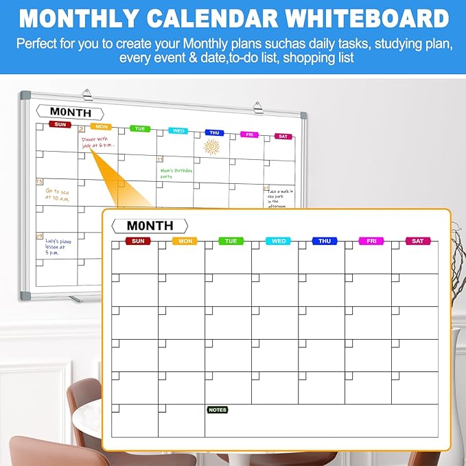 Magnetic Dry Erase Board Calendar for Wall 36" x 24", Monthly Calendar Whiteboard for Wall, Planning Board Bulletin Board Portable Board for Office, School, Home, Kitchen, Planning, Memo