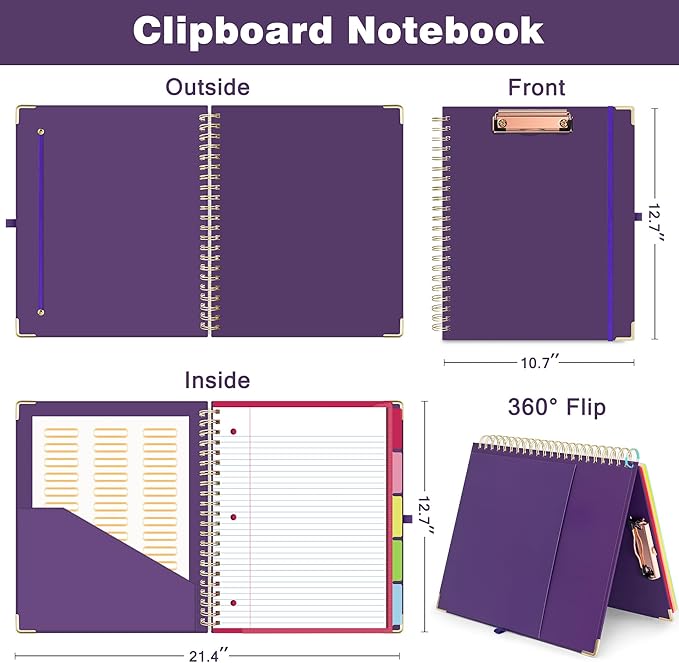 EYROZILL Spiral Notebook Clipboard with Removable Dividers Tabs, 5 Subject Notebook College Ruled, 8.5"x11" Hardcover Lined Journals with 12 Storage Pockets School Office Work Supplies