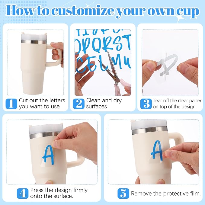Humyoun UV DTF Cup Wrap Letter Stickers Vinyl Decals,Blue,6 Sheets | Personalized Name Stickers for Water Bottles Tumblers, Waterproof UV DTF Alphabet A-Z Stickers for 14-49oz Mugs DIY Craft