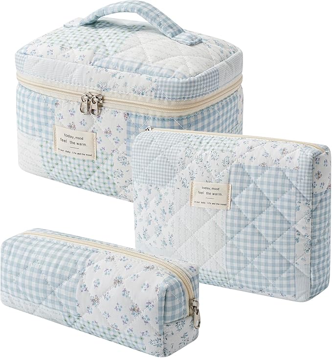 uekeboag Large Travel Quilted Makeup Bag for Women | Soft Floral Cotton Cosmetic Bag, Foldable Coquette Aesthetic Toiletry Organizer