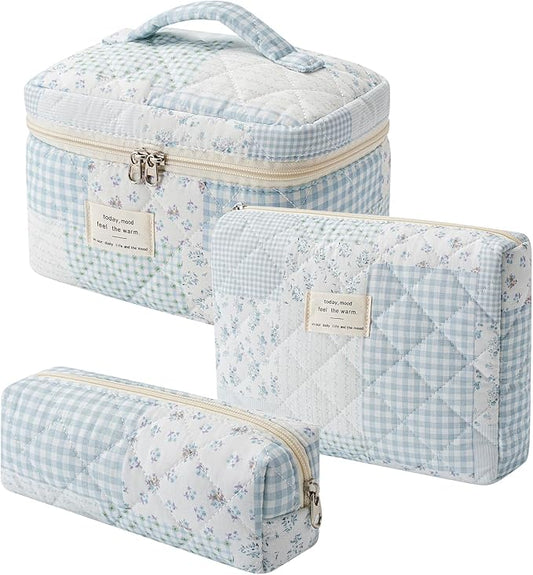 uekeboag Large Travel Quilted Makeup Bag for Women | Soft Floral Cotton Cosmetic Bag, Foldable Coquette Aesthetic Toiletry Organizer