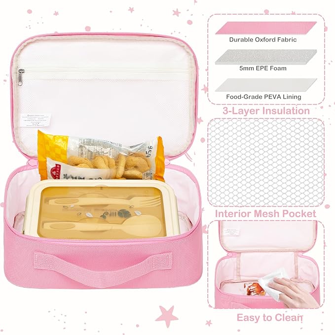 FlowFly Kids Lunch box Insulated Soft Bag Mini Cooler Back to School Thermal Meal Tote Kit for Girls, Boys, Pink