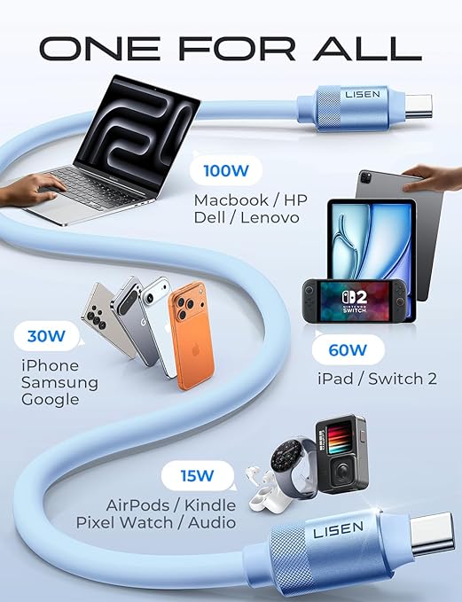 LISEN 10FT USB C Cable Fast Charging, Chubby 240W Cable USB C to USB C Fast Charging Soft Silicone USBC to USBC Parallel Cable for iPhone 17 Pro Max 16 15 Samsung S25 Ultra MacBook Pro Air iPad Blue