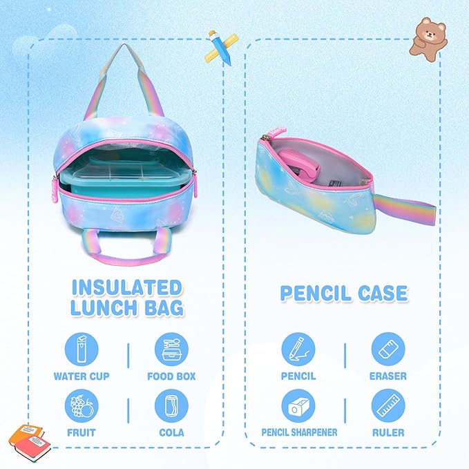 Alrisg Girls Backpack for Kids Elementary Middle School Cute Student Bookbag School Bag Blue Set