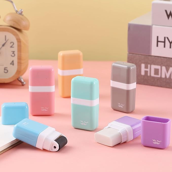 Mr. Pen- Eraser with Cover and Roller, 6 Pack, Pastel Colors, Cute Erasers for Kids