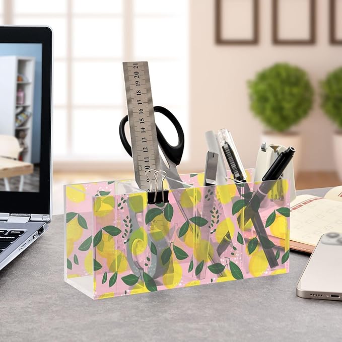 Aslsiy Lemon Fruit (2) Pen Holder for Women 4 Compartments Acrylic Pencil Holder Clear Makeup Brush Holder Desk Organizer Office Supplies