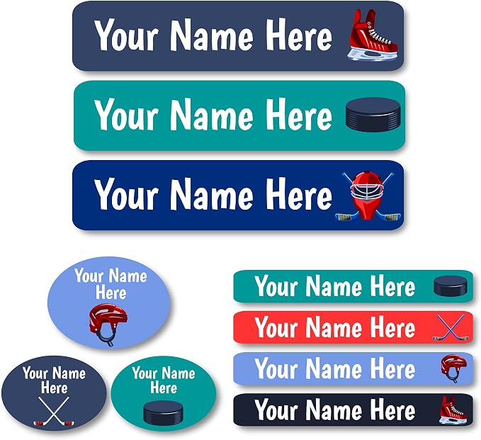 Lovable Labels Personalized Labels for Kids (85 Labels/Pack) - 3 Label Sizes Waterproof Dishwasher Safe Peel & Stick Labels for School Supplies Daycare Camp Clothing Bottles (Hockey All Star)