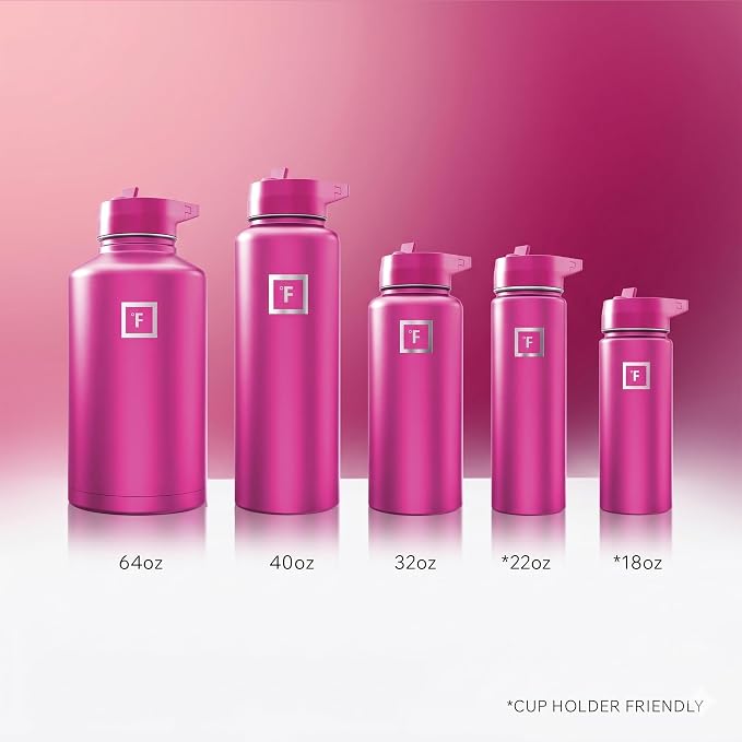 IRON °FLASK Camping & Hiking Hydration Flask with Straw, Wide Mouth Insulated Stainless Steel Sports Water Bottle - Pink Tulip 64 oz - Straw (1 Lid)