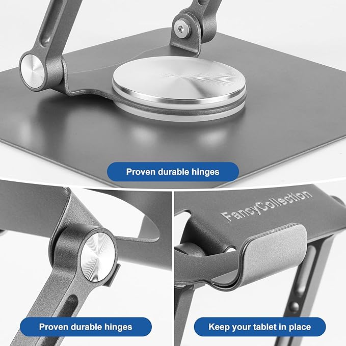 Adjustable Tablet Stand with 360 Rotating Base, Aluminum Dual-Rod Support, Compatible with iPad Pro/Air/Mini, Smartphones and E-Readers, Silver Grey