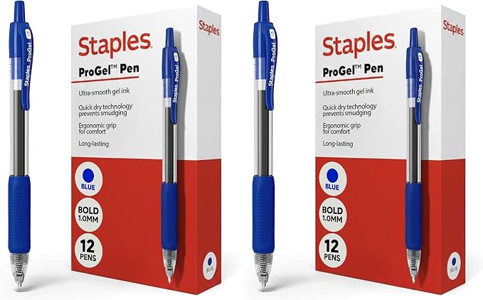 STAPLES Retractable Gel Pens, Bold Point 1.0mm, Blue Ink, 24 Pack – ProGel Smooth‑Flow Pens for Office & School Use