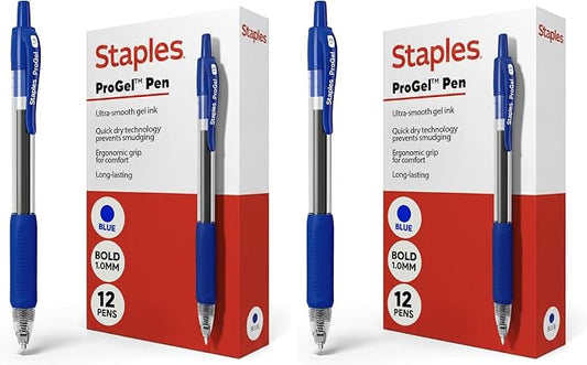 STAPLES Retractable Gel Pens, Bold Point 1.0mm, Blue Ink, 24 Pack – ProGel Smooth‑Flow Pens for Office & School Use