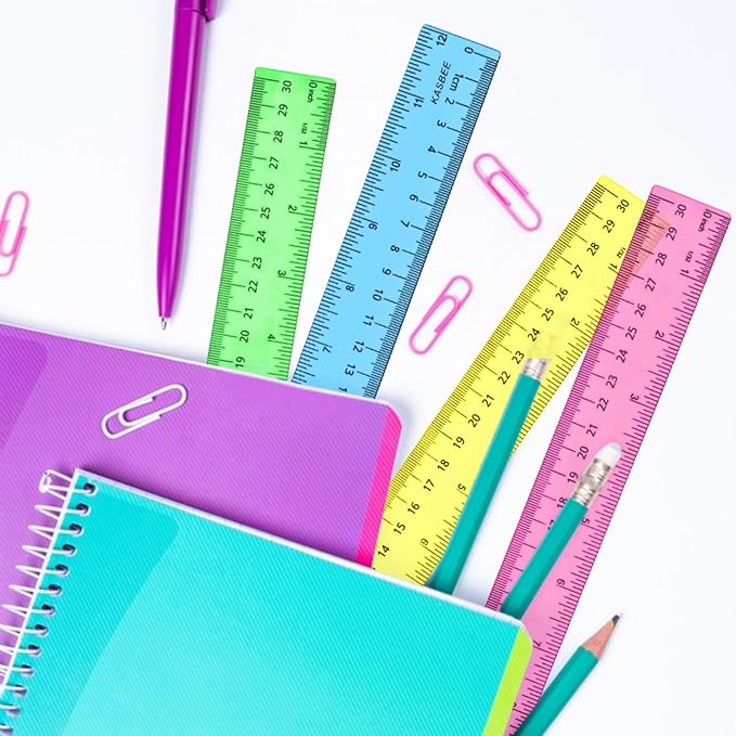 12 Inch Clear Ruler, Kids Ruler, School Ruler, Colored Plastic Rulers, in and cm, Pack of 7