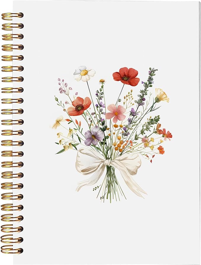 Wildflower Floral Spiral Notebook, Rustic Botanical Flower Journal, Cottagecore Colorful Floral Journal for Women, Preppy Bow Flower Aesthetic Notebook 5.5x8.3 Inch-372