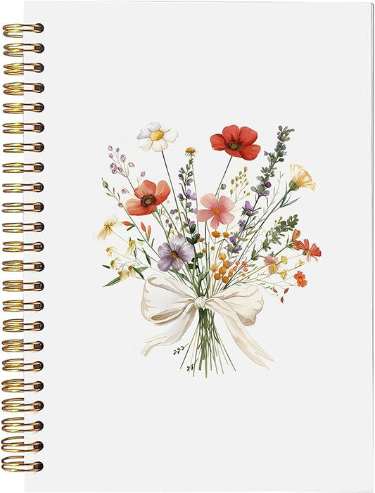 Wildflower Floral Spiral Notebook, Rustic Botanical Flower Journal, Cottagecore Colorful Floral Journal for Women, Preppy Bow Flower Aesthetic Notebook 5.5x8.3 Inch-372
