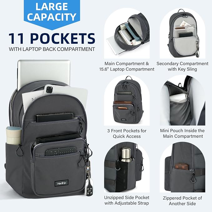 HanTrip 18 Inch Carry on Travel Backpack with Lots of Pockets, Dark Gray | 15.6 Inch Laptop Sleeve, Luggage Strap, Water Bottle Pocket, 28 Liters, Lightweight, Water Resistant, 18x14x8 Medium Bookbag