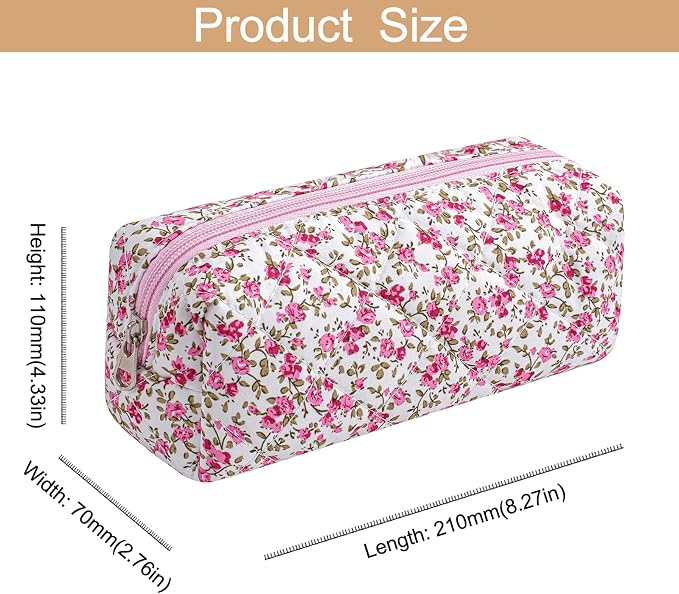 Cute Floral Cotton Makeup Brush Cosmetic Bag for Women, Travel Quilted Zipper Make Up Bag, Flowers Toiletry Organizer Case Kawaii Makeup Cosmetic Travel Cloth Pouch (Red Floral)