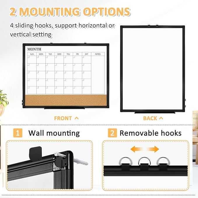 Dry Erase Calendar Whiteboard for Wall, 30"x20" Magnetic Monthly White Board Cork Board Combo, Double Sided, Black Aluminum Frame, Wall Hanging Wipe Board for Home, Office, School, Dorm