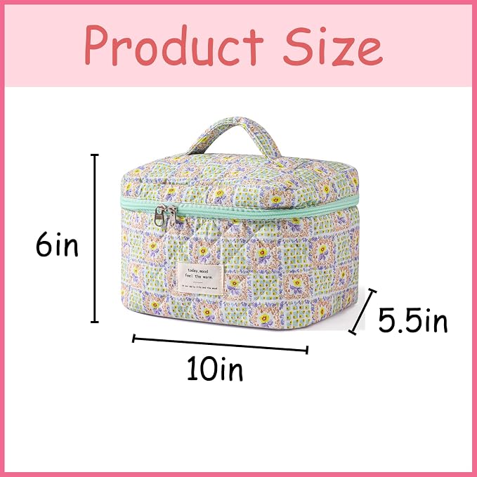 uekeboag Large Travel Quilted Makeup Bag for Women | Soft Floral Cotton Cosmetic Bag, Foldable Coquette Aesthetic Toiletry Organizer
