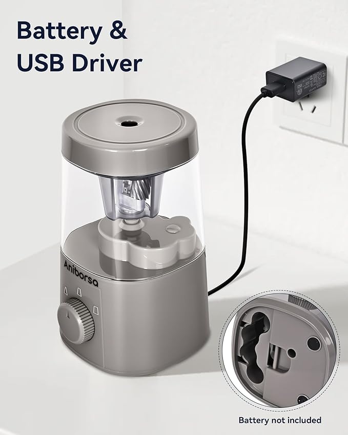 Electric Pencil Sharpener, Helical Blade Automatic Pencil Sharpener, Battery/USB Cord Operated Adjustable Sharpness for 6-8 mm Pencil, Classroom, School, Office, Home, Gray