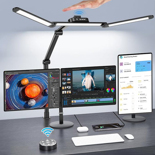 Syrinx LED Desk Lamp, Architect Desk Lamps for Home Office with Gesture Switch & Remote Control, 24W Bright Desk Light with 50 Light Modes Eye-Caring Desk Lamp with Clamp for Reading Study Workbench