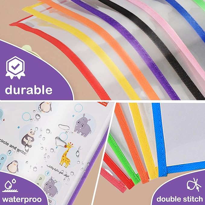 Ufamrine 6 Pcs Dry Erase Pockets Sleeves Colorful, Job Ticket Holders (10" * 13"), Reusable Plastic Sleeves for Teacher Classroom