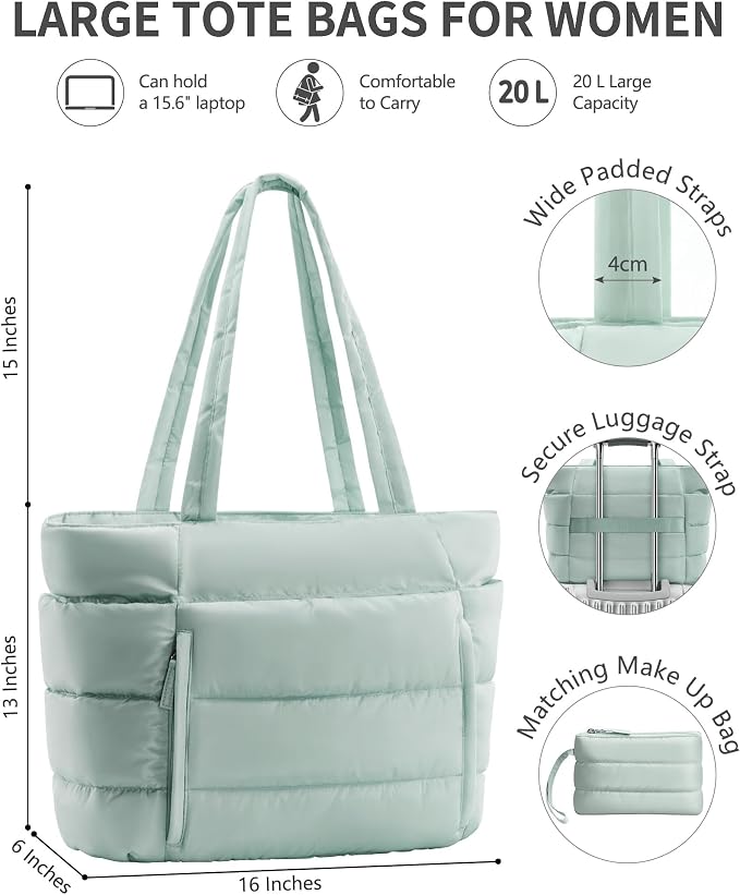 Bagstellar Puffer Tote Bag for Women, Lightweight Puffy Work Handbag Teacher Nurse Quilted Shoulder Bag for School Travel Gym | Cloud Bag w/ Zipper