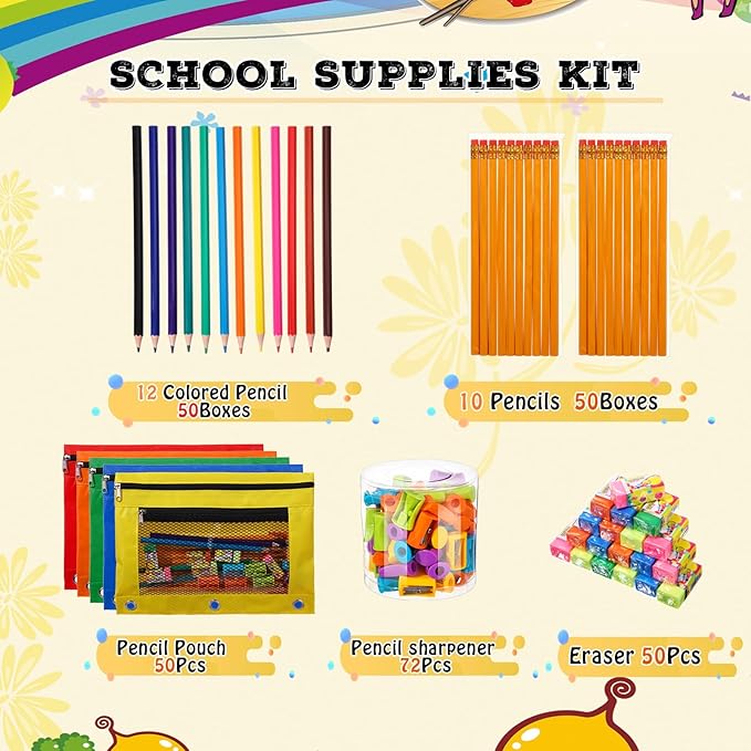 50 Sets Back to School Supplies Kit for Kids Include Colored Pencils, HB Pencils, Pencil Pouch, Erasers, Pencil Sharpener for Classroom School Office Desk Teacher Supplies