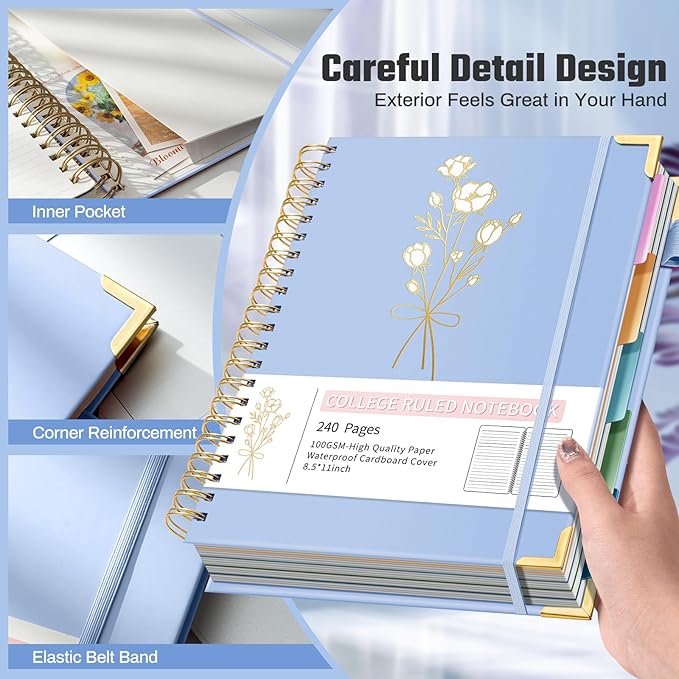 Hardcover Spiral Notebooks 8.5" X 11" Note Taking 5 Subject Notebook College Ruled with Dividers 240 Pages 100GSM Aesthetic Spiral Notebook for Work School Cute Journals for Women Writing, Blue