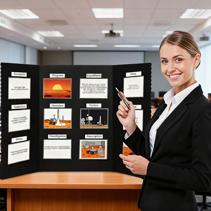 Trifold Poster Board with Storage Bag and Nails 72 x 36 Inch Black Hook and Loop Fabric Foldable 3 Panel Presentation Board for Science Fair and Exhibitions