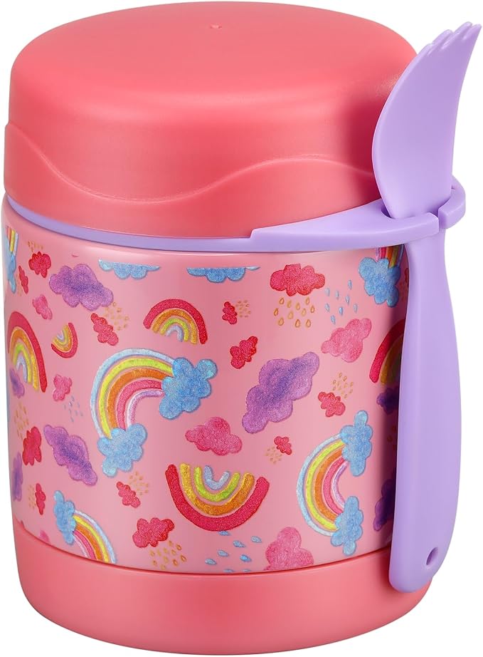 Pawtong 10oz Soup Thermo for Hot Food Kids Insulated Food Jar,Thermo Hot Food Lunch Container, Width Mouth Stainless Steel Lunch Box for Kids with Spoon (Pink-rainbow)