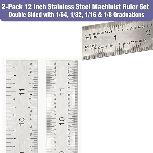 12 Inch Machinist Ruler Set - 2 Pack Stainless Steel Precision Double Sided Ruler with 1/64, 1/32, 1/16 & 1/8 Inch Graduations, Etched Markings - for Engineers,Woodworking and DIY (2, 12 Inch)