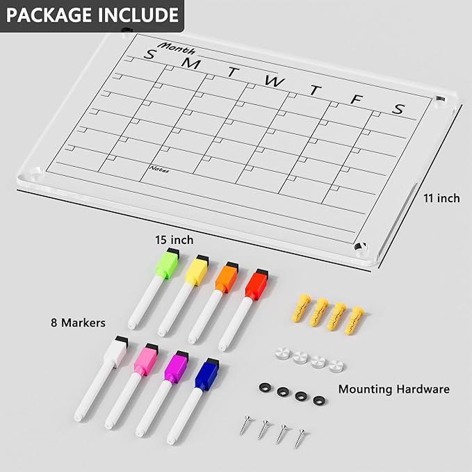 Neatsure Acrylic Calendar Whiteboard for Wall, 15"x11" Small Clear Monthly Planner Dry Erase White Board for List, Kitchen, Planning, Memo