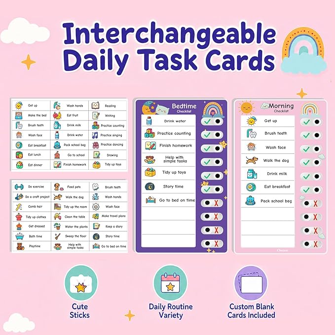 2PCS Magnetic Visual Chore Chart for Kids, Schedule Checklist for Kids, Kids to Do Task (1 Morning Checklist Boards, 1 Bedtime Checklist Boards) (Blue)