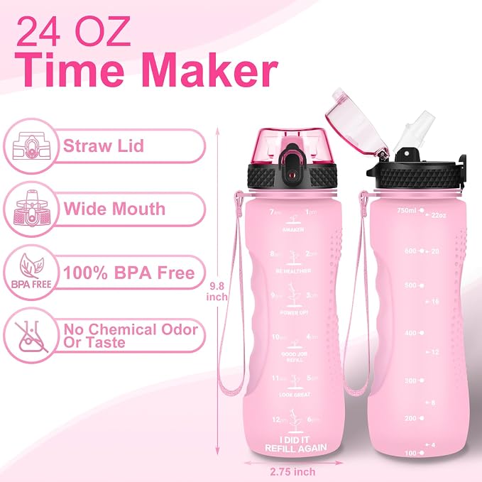 24 OZ Motivational Kids Water Bottle With Time Marker,Straw Lid,Leak Proof, Tritan BPA Free Sports Water Bottle Pink(1 Lid)