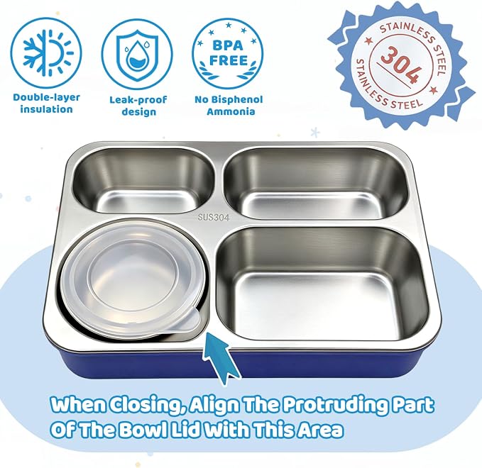 Kids Stainless Steel Lunch Box,304 Stainless Toddler Leak-Resistant Insulated Metal Bento Box,Suitable Schools,Office,Use Comes With An Independent Soup Cup,Tableware,4 Compartments (Blue)