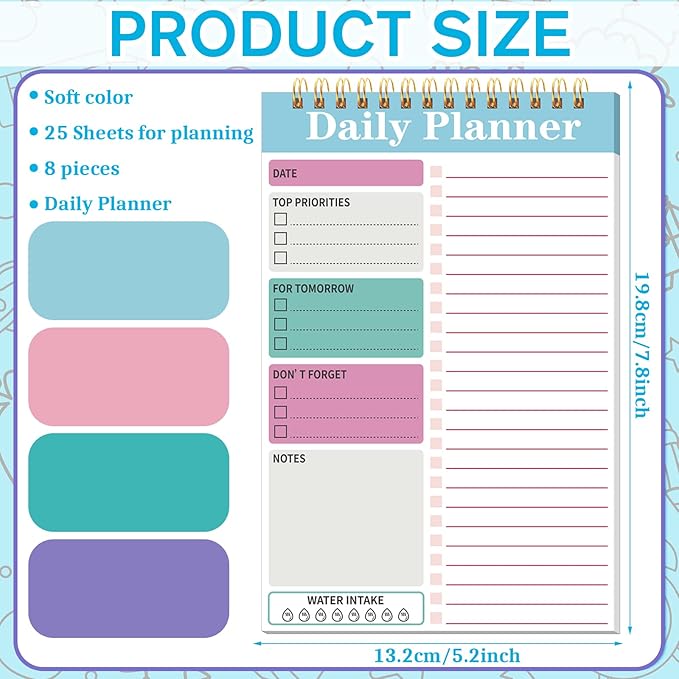 8 Pack To Do List Notepad 25 Page Undated Daily Planner Notepad To Do List Notebook Spiral Waterproof with Task Checklist for Home Office School Supplie Schedule Work(7.8 x 5.2 Inch,Vivid Color)