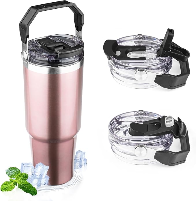 30oz Tumbler with Handle and Flip Straw Lid Double Wall Insulated Travel Coffee Mug Stainless Steel Vacuum Insulated Coffee Tumbler Cup for Hot and Cold Beverages,Leak-proof&BPA-free（30oz,Rose gold）