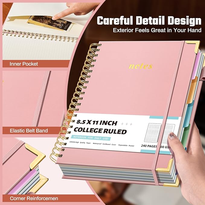 Hardcover Spiral Notebooks 8.5" X 11" Note Taking 5 Subject Notebook College Ruled with Dividers 240 Pages 100GSM Aesthetic Spiral Notebook for Work School Cute Journals for Women Writing, Light Pink