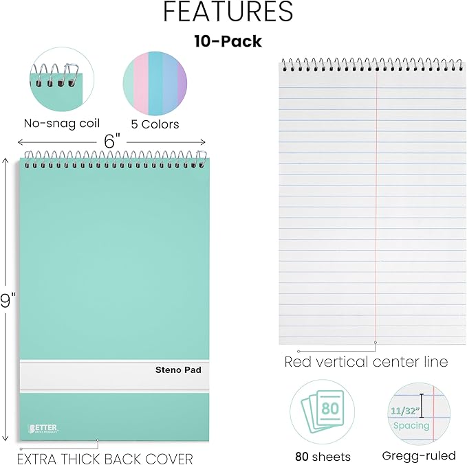 Better Office Products Steno Pads Spiral 6x9, 10 Pack, Gregg Ruled, 80 Sheets, Assorted Pastel Covers, Steno Notebooks Top Spiral for Note Taking