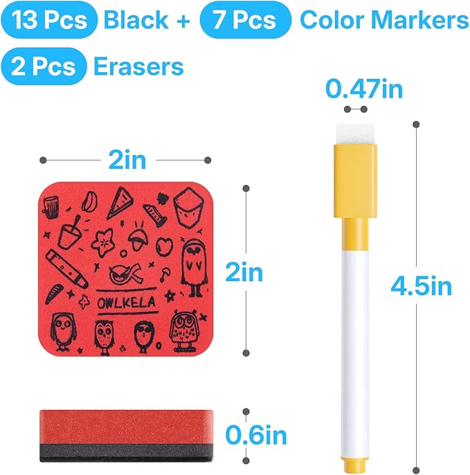 OWLKELA 20 Pcs Magnetic Dry Erase Markers with Eraser, Fine Tip Whiteboard Markers, Low Odor Dry Erase Set, 8 Color White Board Markers for Office, Home, Classroom