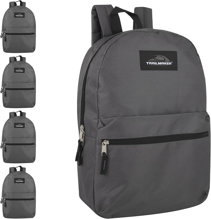 Trail maker 24 Pack- Classic 17 Inch Backpacks in Bulk Wholesale Back Packs for Boys and Girls (Gray)