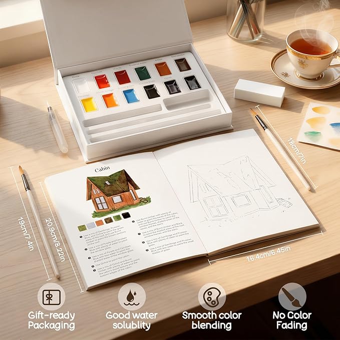 Watercolor Workbook-Water Colors Paint Adult Set with 12 Original Forest-Themed Patterns,12 Paint Colors&Refillable Brushes,Coloring Books for Adults Beginners,Arts&Crafts Birthday Gifts