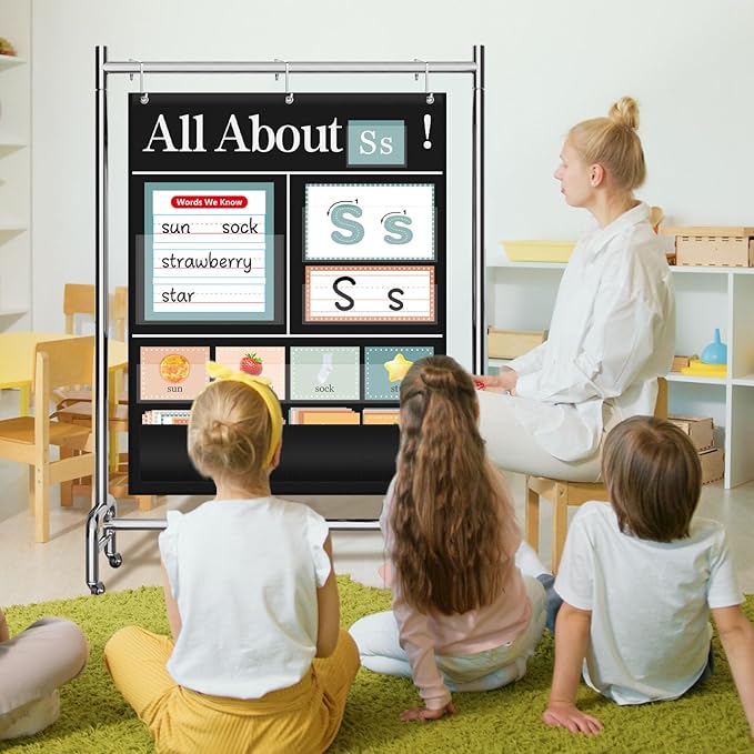 All About Letters Pocket Chart with ABC Flash Cards, 34" X 27", Letter of The Day/Week Daypocket Chart, Letter Tracing Learning Educational Wall Chart Preschool Classroom Homes, Black