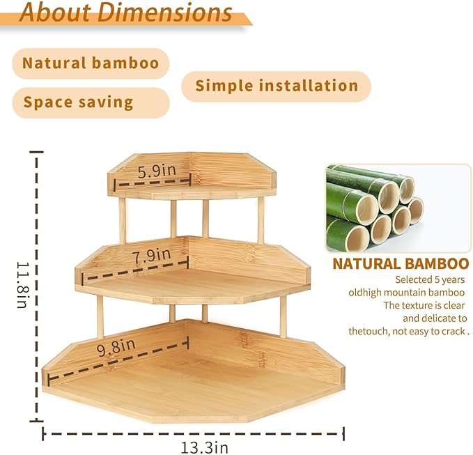 Bamboo Corner Desk Organizer Shelf, 3-Tier Triangle Storage Rack for Office & Home, Space-Saving Desktop Shelf for Books, Stationery, Makeup, Small Items